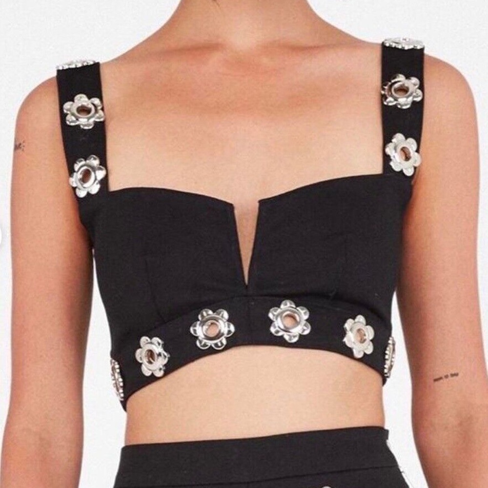 For Love and Lemons Shorts (S) & Crop Top (M) Set - Black & Silver Metal Flowers